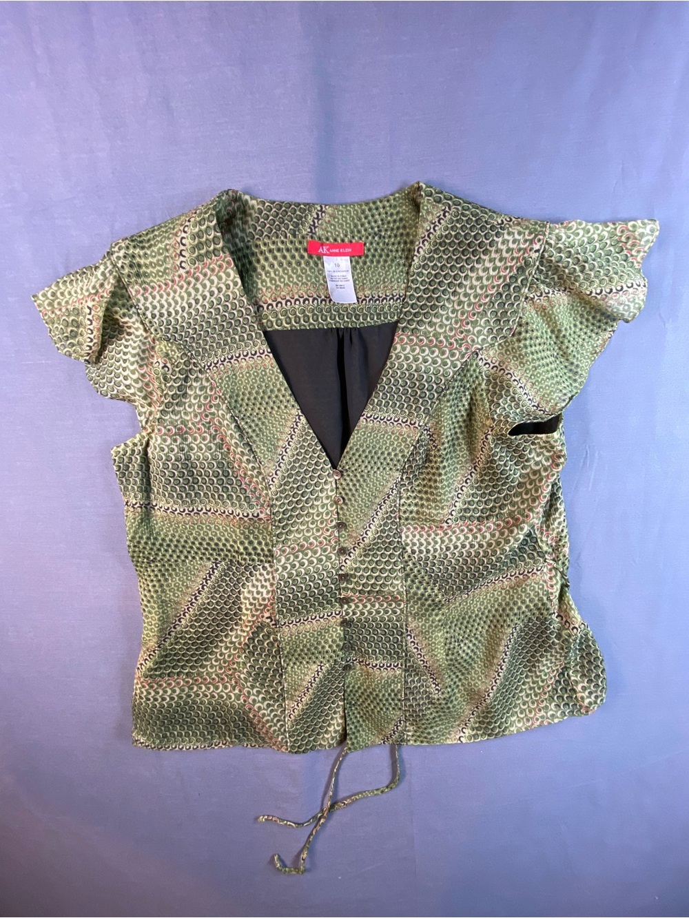 Anne Klein Silk Green Geometric V-Neck Flutter Sleeve Blouse